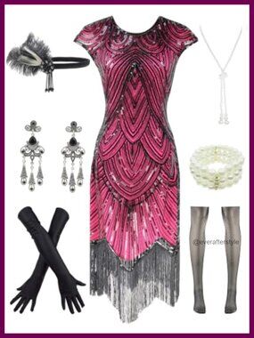1920s Vintage Lace Fringed Gatsby Cocktail Dress 20s Accessories Set